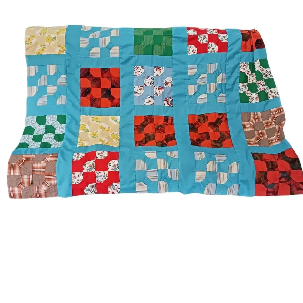 Handmade Bow Tie Quilt Top Hand Pieced Unfinished 95x71